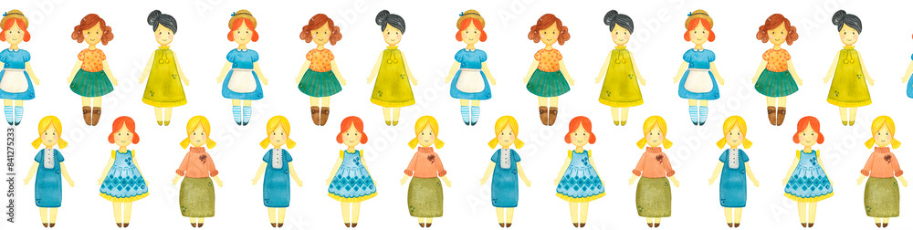 Seamless border on a white background from dolls in dresses. Hand drawn watercolor illustration. Bright colors. Seamless border on a white background from dolls in dresses. Hand drawn watercolor illustration. Bright colors.