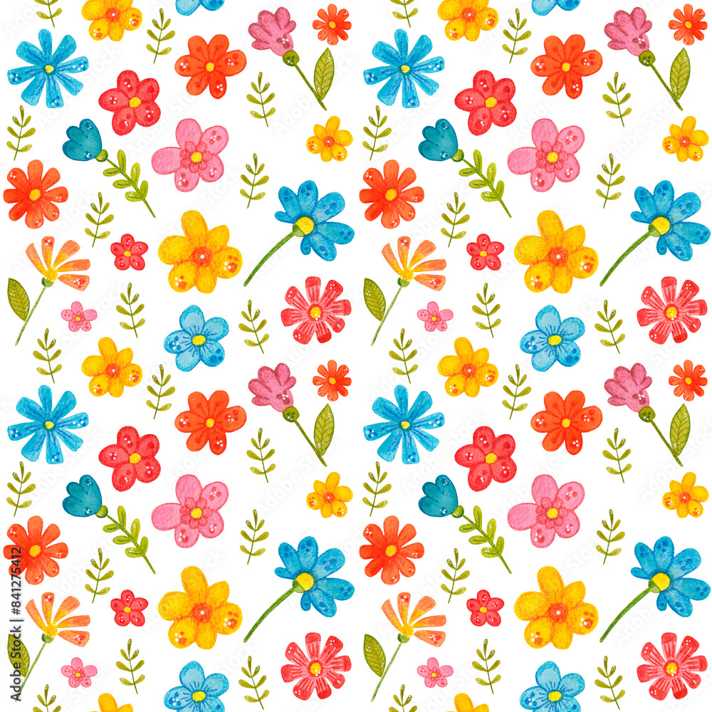 Floral pattern on a white background. Hand drawn watercolor illustration. Bright colors. Flowers, leaves Floral pattern on a white background. Hand drawn watercolor illustration. Bright colors. Flowers, leaves
