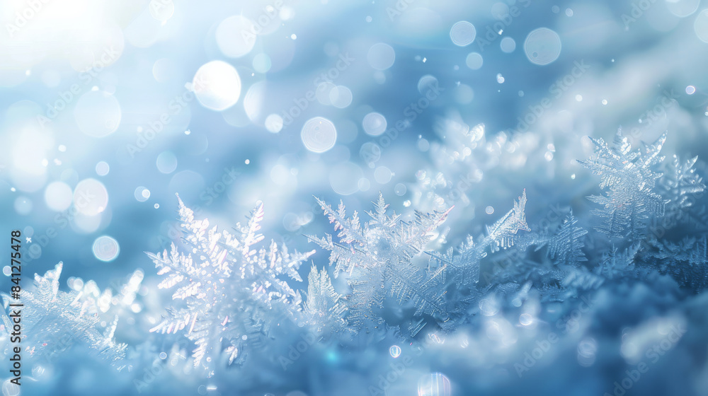 A close-up view of frost with intricate ice crystals, sharp focus on delicate glistening ice formations, blurred snowy background A close-up view of frost with intricate ice crystals, sharp focus on delicate glistening ice formations, blurred snowy background