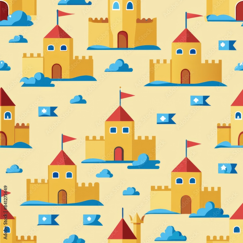Seamless pattern of minimalist sandcastles with small flags, Generative AI Seamless pattern of minimalist sandcastles with small flags, Generative AI
