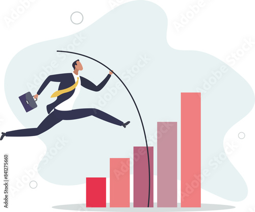 businessman jumping pole vault over growth bar graph.flat vector illustration.