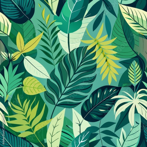 Seamless pattern of minimalist tropical leaves in various shades of green, Generative AI