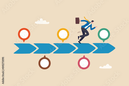 Timeline project planning, work progress milestone or step to success, plan or strategy diagram, business journey or process to reach goal concept, businessman running on project timeline milestones. photo
