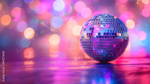 Shiny colorful disco ball with lights, with copy space