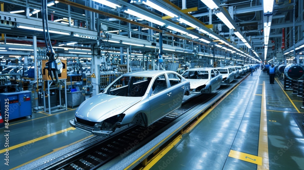 A car is being built in a factory A car is being built in a factory