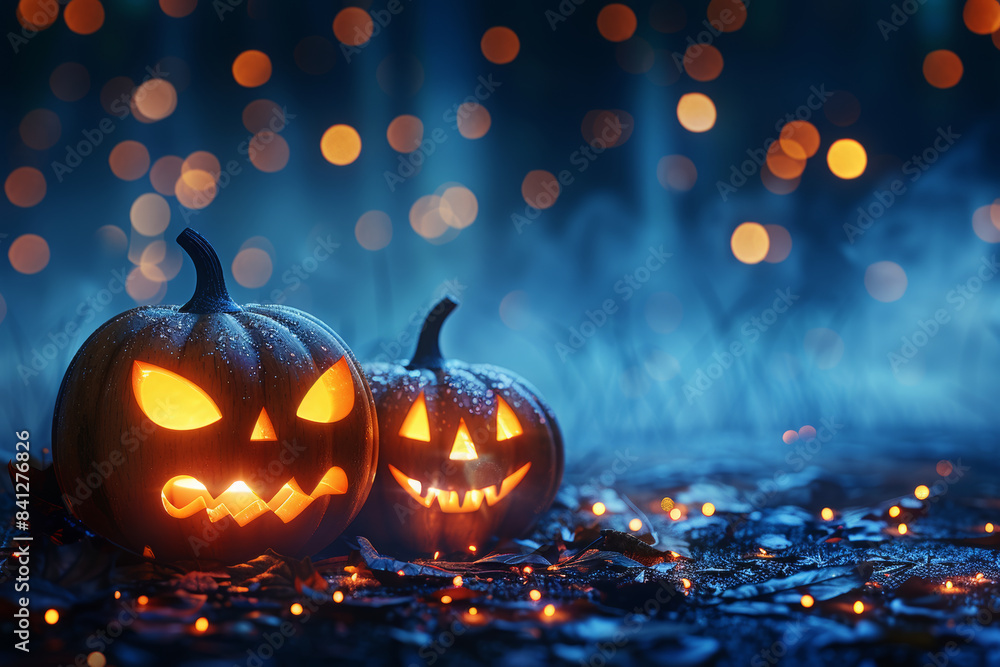 Halloween pumpkins on a dark blue background with lights and bokeh, creating a spooky Halloween scene of a Halloween night concept, with copy space for design. Halloween pumpkins on a dark blue background with lights and bokeh, creating a spooky Halloween scene of a Halloween night concept, with copy space for design.