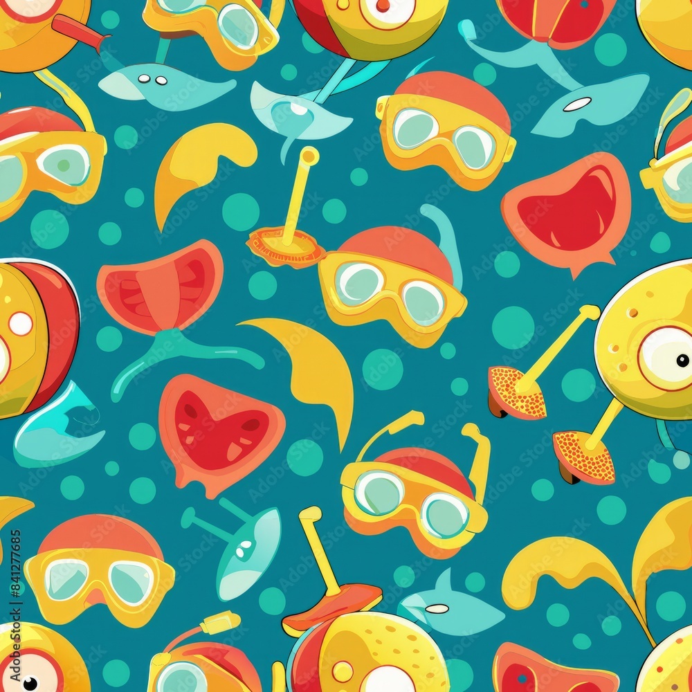 Naklejka premium Seamless pattern of small snorkels and diving masks with simple details, Generative AI