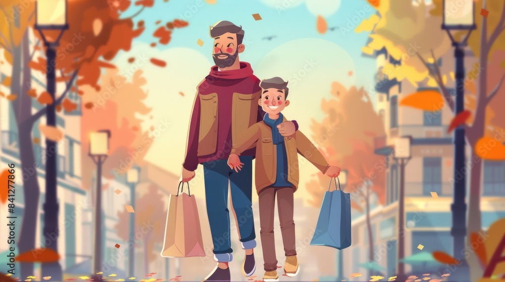 Father and son carrying paper bags walking on the street together. Vector illustration Father and son carrying paper bags walking on the street together. Vector illustration