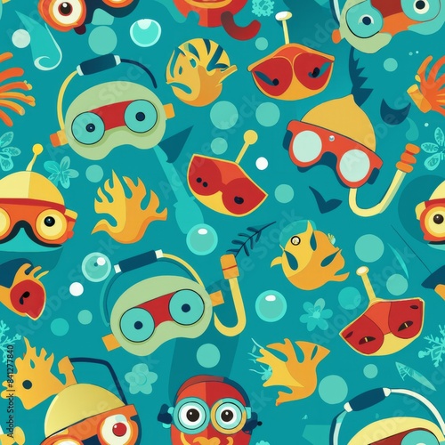 Seamless pattern of small snorkels and diving masks with simple details  Generative AI