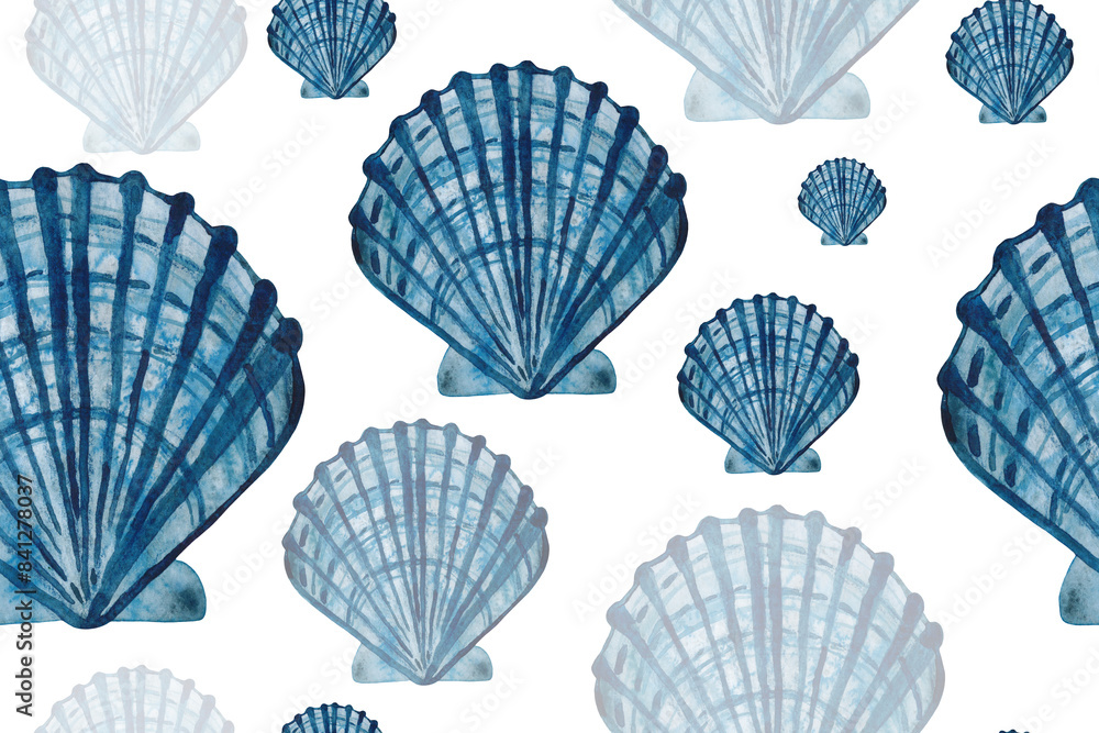 Seamless watercolor monochrome pattern on a marine theme. Hand-drawn illustrations. mollusk, shell, ocean, sea Seamless watercolor monochrome pattern on a marine theme. Hand-drawn illustrations. mollusk, shell, ocean, sea
