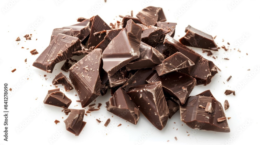 Pieces of broken chocolate on white background. Delicious chunks of dark chocolate waiting to be enjoyed. Perfect for dessert photos, recipe illustrations, or food styling. AI Pieces of broken chocolate on white background. Delicious chunks of dark chocolate waiting to be enjoyed. Perfect for dessert photos, recipe illustrations, or food styling. AI