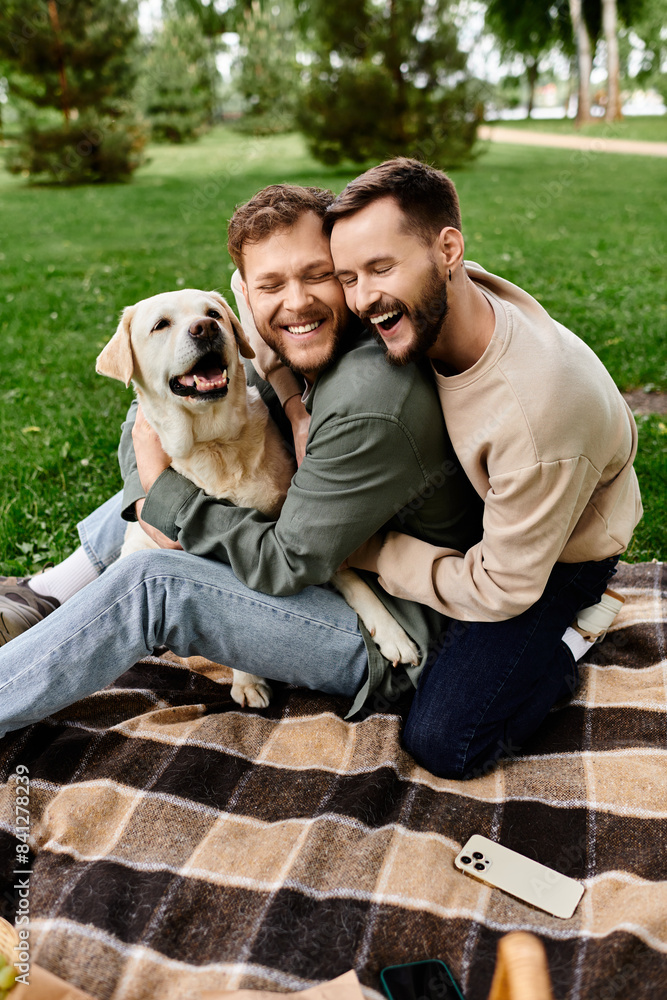 Two bearded men and their Labrador dog share a joyful moment during a picnic in a green park. Two bearded men and their Labrador dog share a joyful moment during a picnic in a green park.