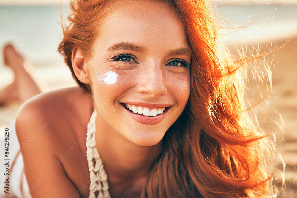 Smiling redhead long-haired woman lying on the beach by the sea while on vacation. A sunscreen smear is applied to the skin of the face. Smiling redhead long-haired woman lying on the beach by the sea while on vacation. A sunscreen smear is applied to the skin of the face.