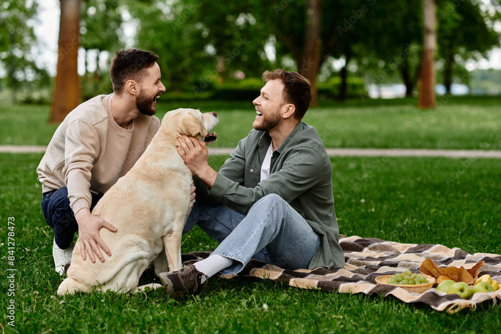 Fototapeta premium A bearded gay couple enjoys a picnic with their labrador dog in a park. The men are laughing and petting their dog, creating a heartwarming scene.