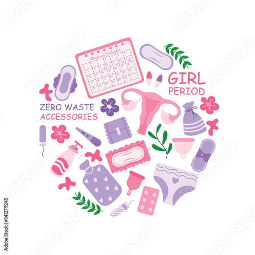 Feminine hygiene set in circle shape with menstrual cup, tampon. Menstruation concept. Vector