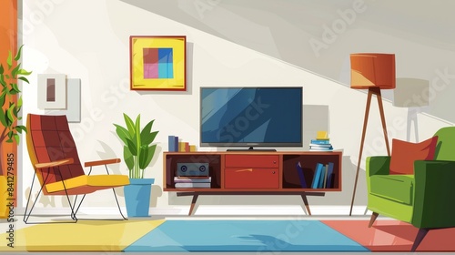 trending TV shows flat design side view contemporary cartoon drawing Tetradic color scheme