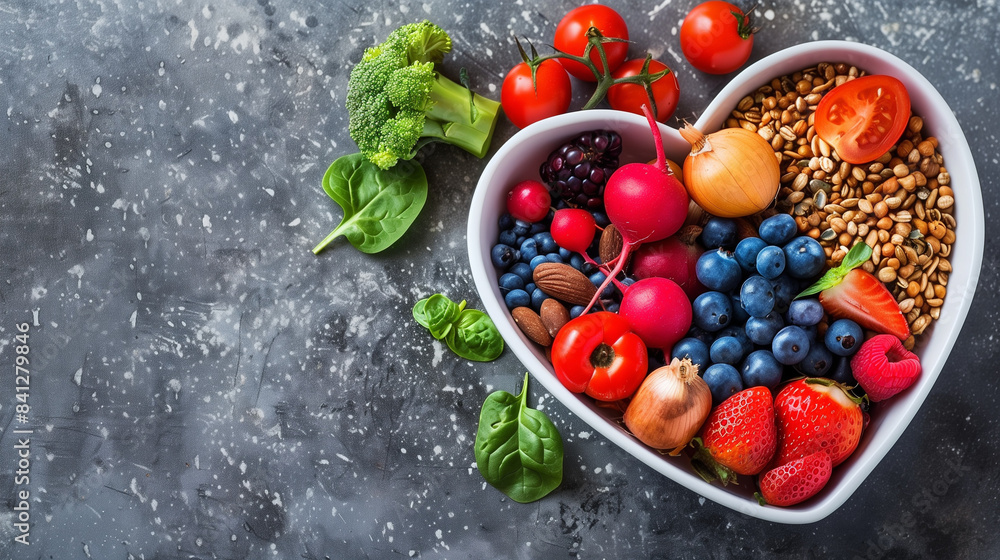 A heart-shaped bowl filled with colorful, fresh foods such as fruits, vegetables and whole grains. This energetic composition is a tribute to a healthy lifestyle. A heart-shaped bowl filled with colorful, fresh foods such as fruits, vegetables and whole grains. This energetic composition is a tribute to a healthy lifestyle.