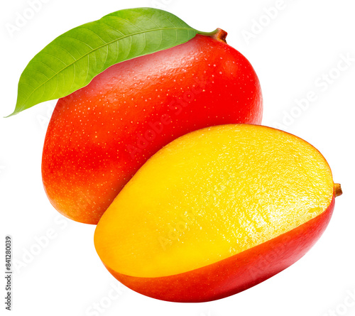 Red mango with slices on white background, Fresh Japanese Elegant mango fruits “Egg of the Sun” Sugar content of 16 degrees isolate on white PNG File.