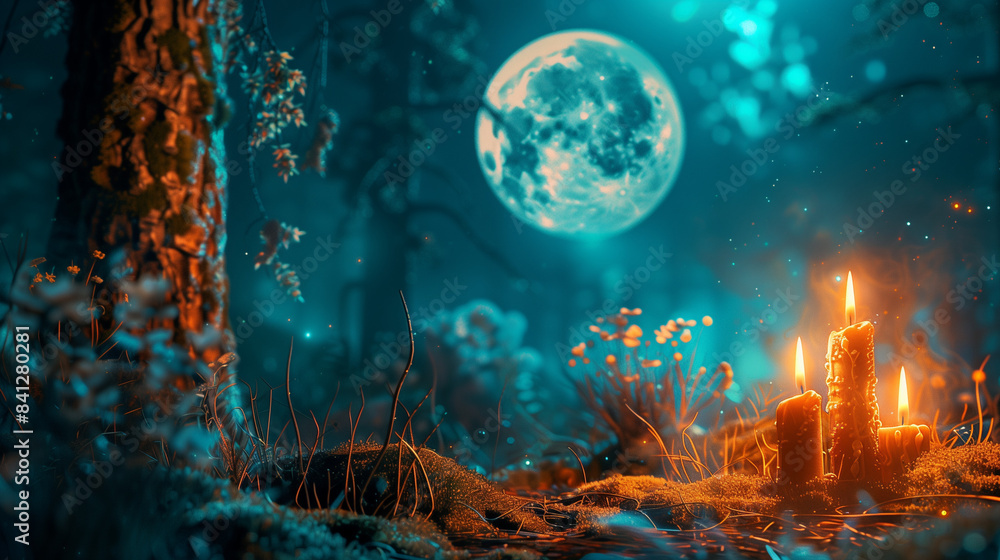 Obraz premium In a dense forest surrounded by darkness, the breathtaking image shows candles flickering among the thick branches and dark trees.