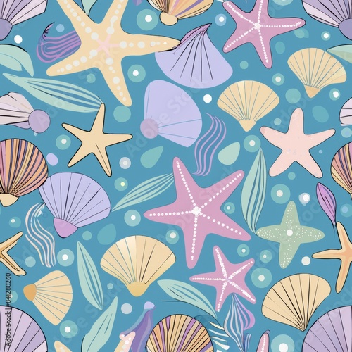 Seamless pattern of tiny seashells and starfish with soft outlines, Generative AI