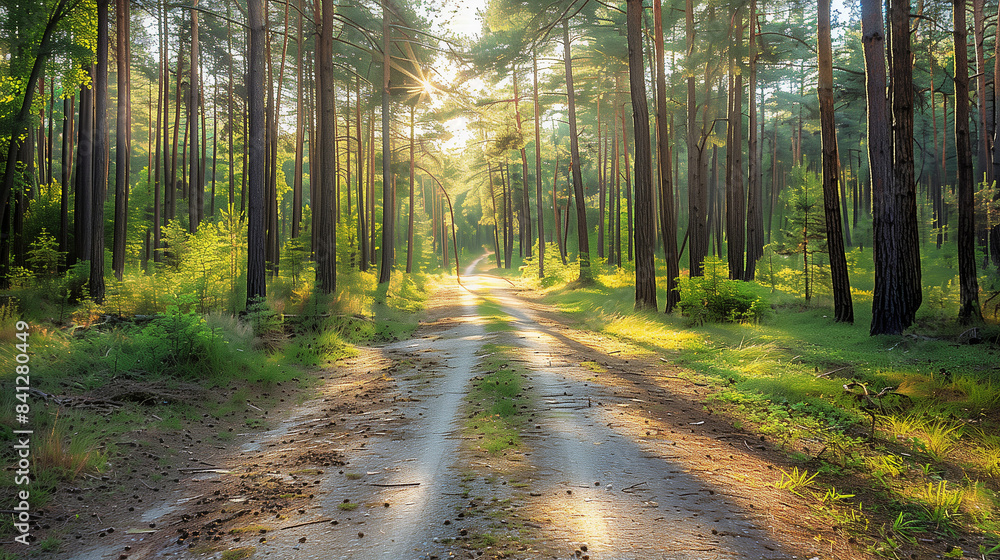 Fototapeta premium Among the dense pine trees in the forest there is a forest road, surrounded by greenery and peace. The sun breaks through the treetops, casting golden spots on the path.