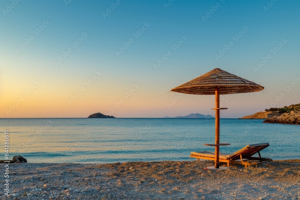 Spectacular Sunset View of Beach Chair and Umbrella in Crete, Greece, Perfect Setting for a Relaxing Vacation Trip Spectacular Sunset View of Beach Chair and Umbrella in Crete, Greece, Perfect Setting for a Relaxing Vacation Trip