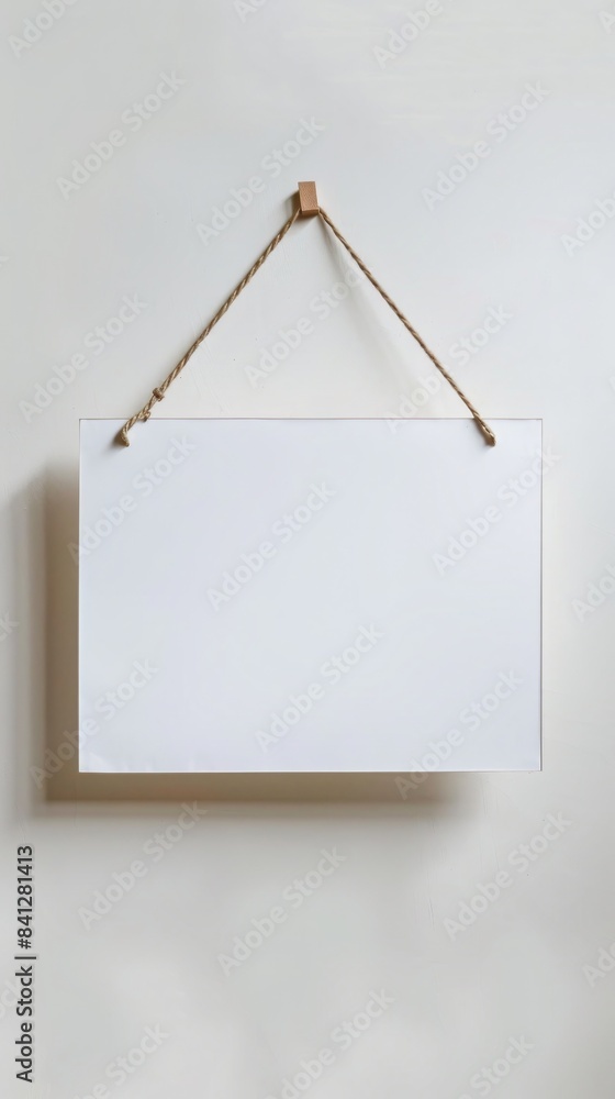 Blank white hanging sign with rectangular shape in a room Blank white hanging sign with rectangular shape in a room