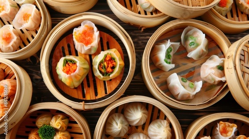 Various kinds of dim sum in a bamboo steamer Traditional and delicious Chinese food