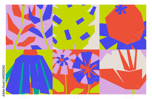 Retro flowers colorful geometric poster background, vector abstract modern art. Hand drawing lines. Trendy bauhaus background pop-art