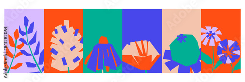 Retro flowers colorful geometric poster background, vector abstract modern art. Hand drawing lines. Trendy bauhaus background pop-art