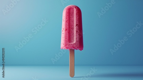 Vibrant pink popsicle on a wooden stick against a blue background. Refreshing summer treat, isolated and minimalistic ice cream image. 3D Illustration.