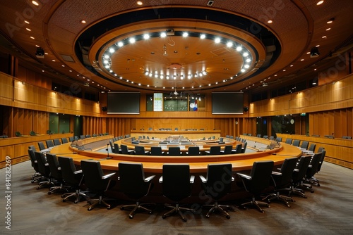 A large room with a lot of chairs and a podium