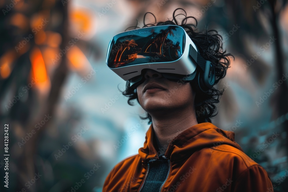 person wearing a VR headset, with the virtual world seamlessly blending into their physical environment person wearing a VR headset, with the virtual world seamlessly blending into their physical environment