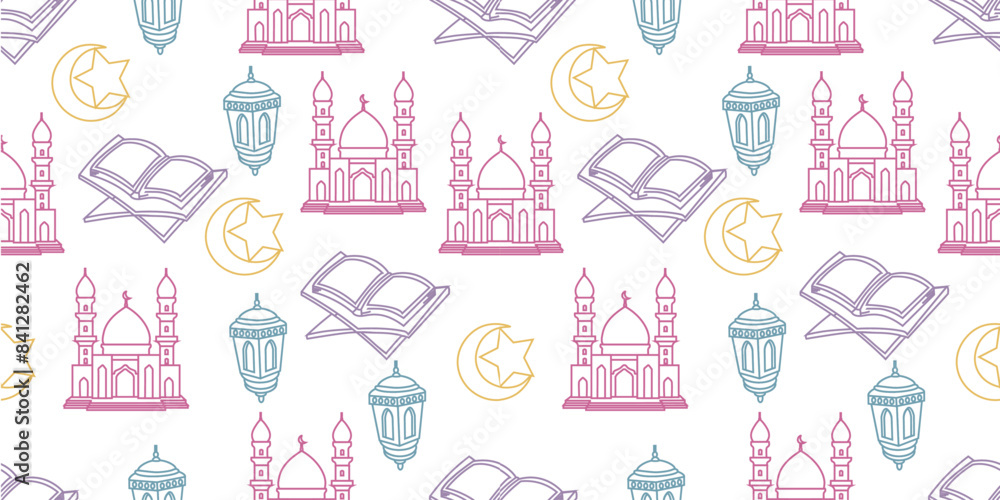 Seamless pattern neon design flat Illustration with cute Muslim elements on the Islamic New Year illustration theme. It can be used for wrapping paper, gift wrapping, textiles, etc. Seamless pattern neon design flat Illustration with cute Muslim elements on the Islamic New Year illustration theme. It can be used for wrapping paper, gift wrapping, textiles, etc.