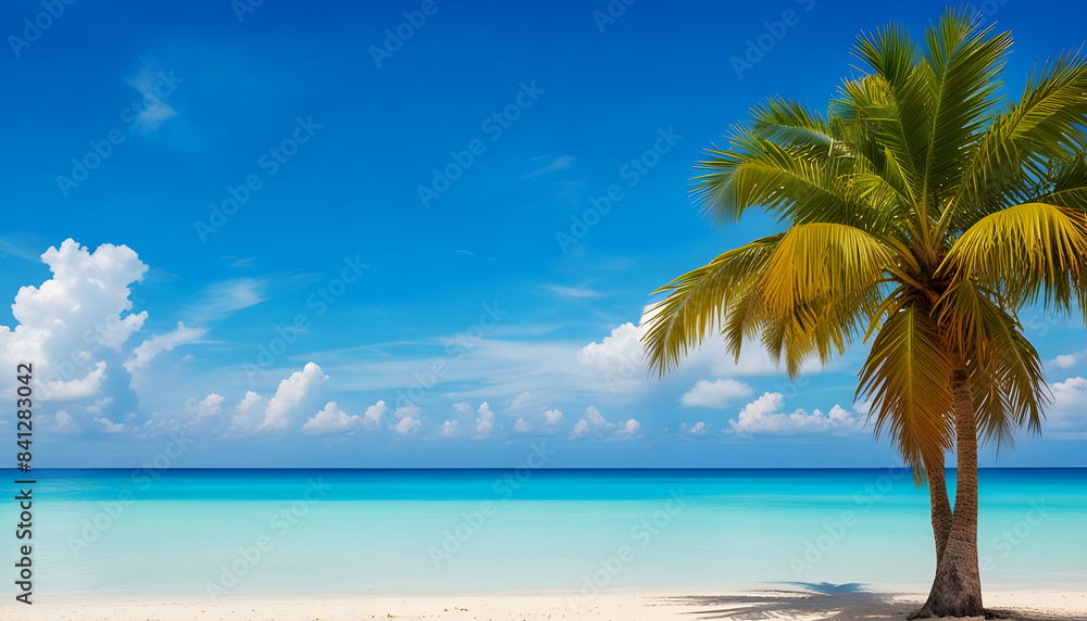 Beautiful tropical sea beach with palm tree and blue sky background. Generative Ai Beautiful tropical sea beach with palm tree and blue sky background. Generative Ai