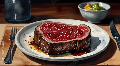 Watercolor painting with a beef steak theme