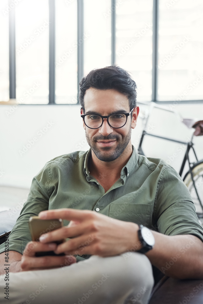 Business, portrait and man in office, smartphone and typing with social media, connection and digital app. Person, agent and consultant with cellphone, employee and message to contact and network Business, portrait and man in office, smartphone and typing with social media, connection and digital app. Person, agent and consultant with cellphone, employee and message to contact and network