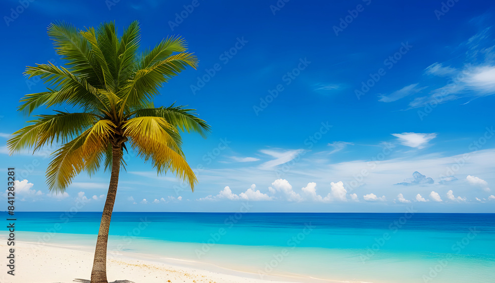 Beautiful tropical sea beach with palm tree and blue sky background. Generative Ai Beautiful tropical sea beach with palm tree and blue sky background. Generative Ai
