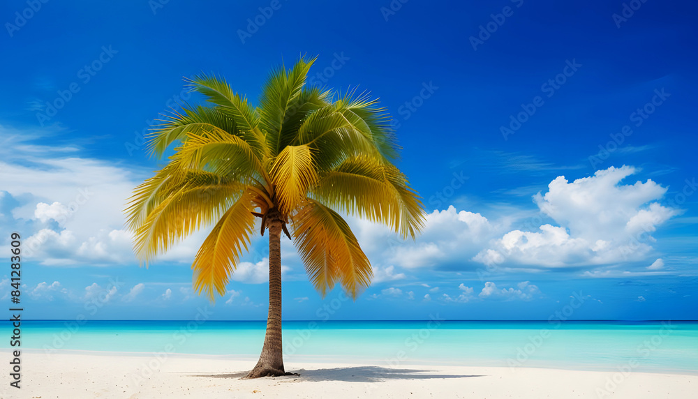 Fototapeta premium Beautiful tropical sea beach with palm tree and blue sky background. Generative Ai