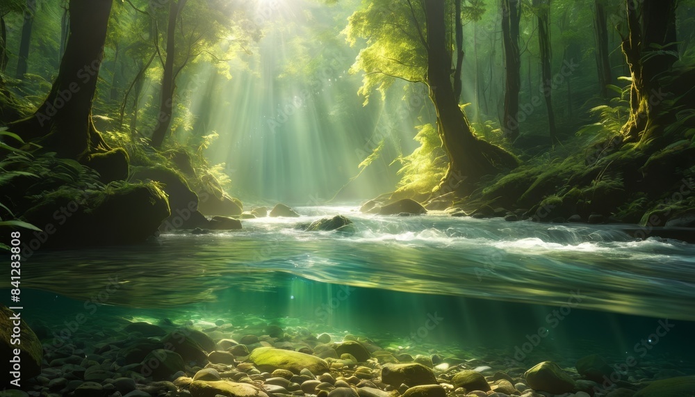 Sunlight streams through the dense canopy of a lush, green forest ...