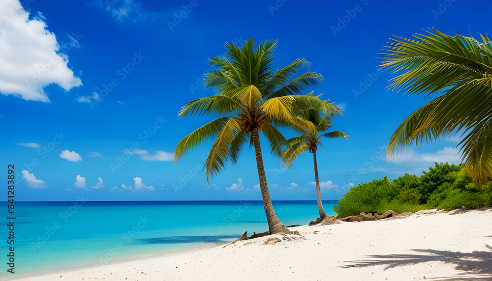 Beautiful tropical sea beach with palm tree and blue sky background. Generative Ai Beautiful tropical sea beach with palm tree and blue sky background. Generative Ai