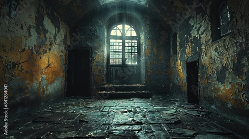 Dirty dark interior in a spooky old building