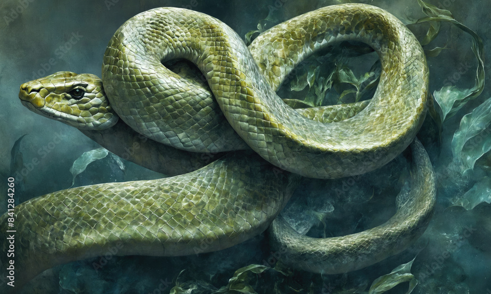 Obraz premium Fantasy Illustration of a wild snake. Digital art style wallpaper background.