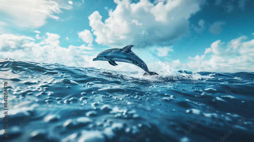 Dolphin jumping in the open sea against blue sky. Dolphin jumping in the open sea against blue sky.
