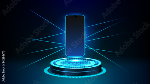 Futuristic 3D Neon Light Podium Mockup for Smartphone Display. Laser Powered Pedestal with Cyberpunk Sci-Fi Stage Background. Vector.