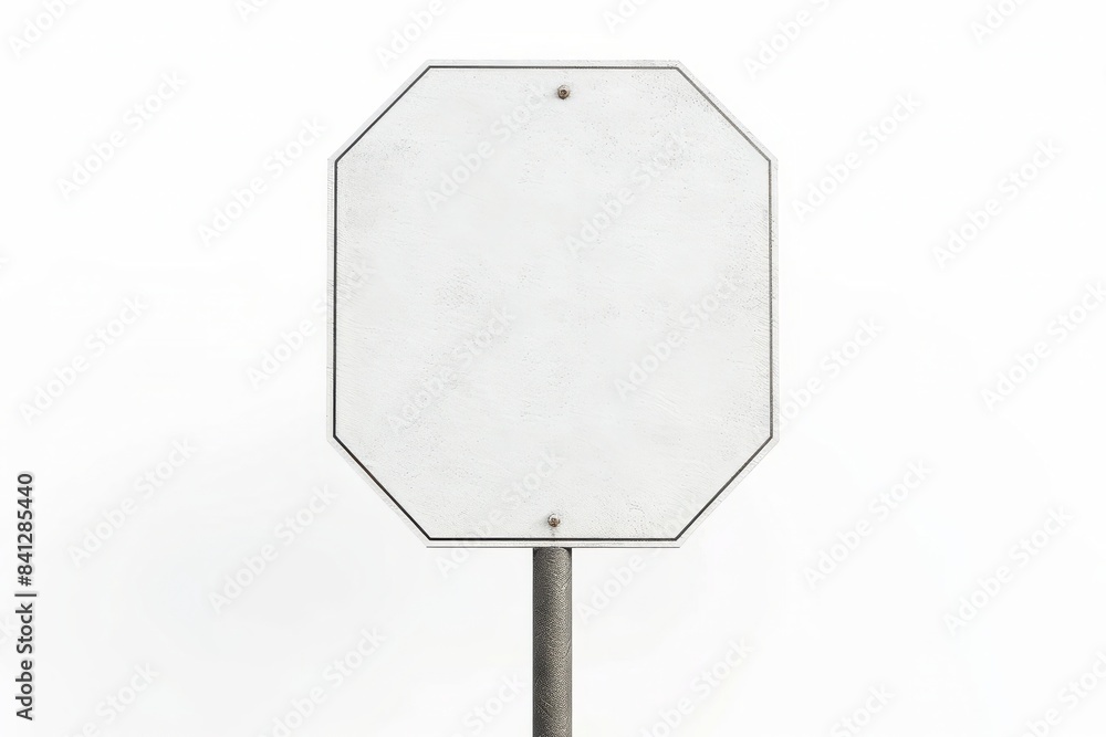 A blank white hexagonal street sign under clear blue skies. A blank white hexagonal street sign under clear blue skies.