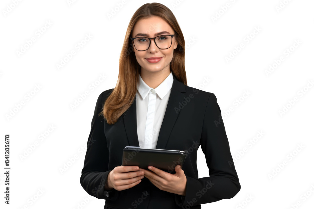 A confident businesswoman wearing glasses and holding a document file folder standing isolated on transparent background.
A confident businesswoman wearing glasses and holding a document file folder standing isolated on transparent background.
