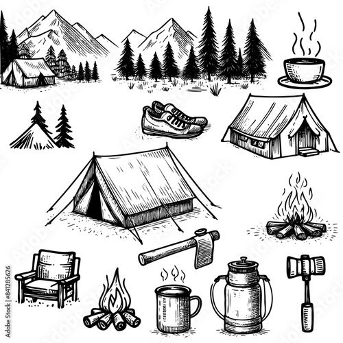 A drawing of a campsite with a tent, a campfire, a cup of coffee, and a pair of shoes