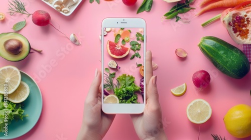 A person is taking a picture of a variety of fresh produce on a pink background. photo