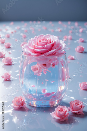 a yogurt cup, next to roses, reflected on the gray floor, enhancing visual depth